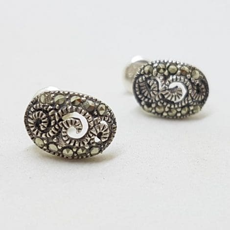 Sterling Silver Small Ornate Oval Marcasite Studs Earrings