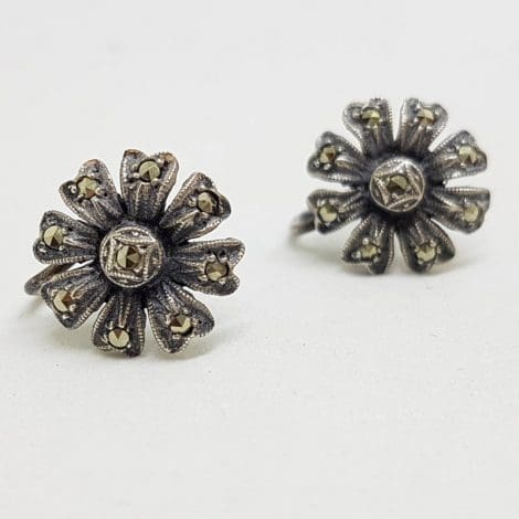 Sterling Silver Vintage Marcasite Flower Screw On Earrings