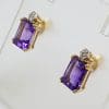 9ct Yellow Gold Rectangular Claw Set Amethyst with Diamond Studs / Earrings