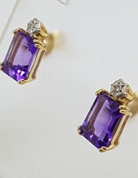 9ct Yellow Gold Rectangular Claw Set Amethyst with Diamond Studs / Earrings