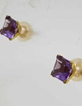 9ct Yellow Gold Amethyst Claw Set Square Cluster Studs / Earrings