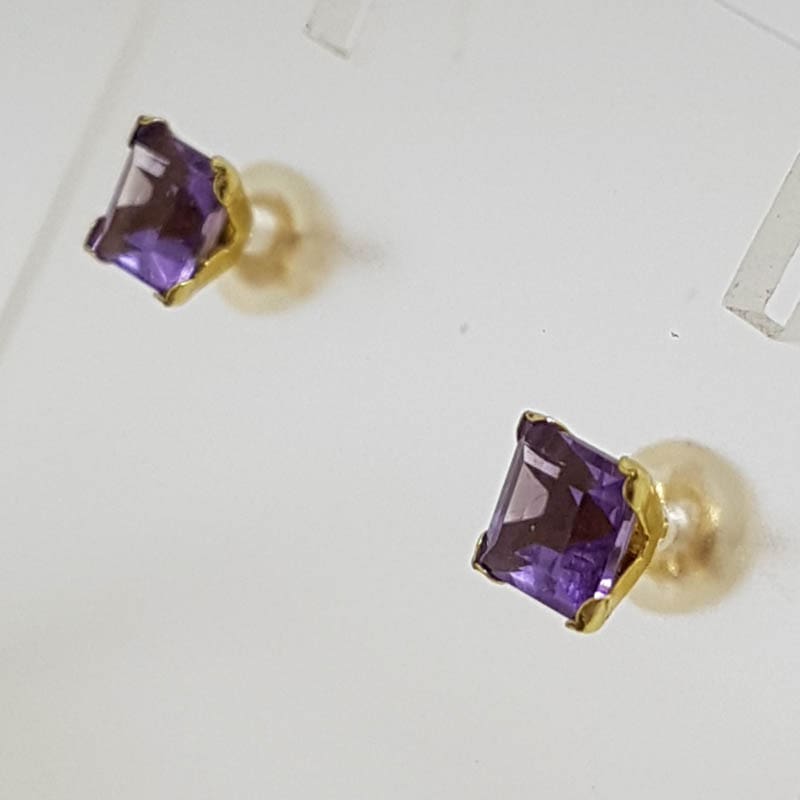 9ct Yellow Gold Amethyst Claw Set Square Cluster Studs / Earrings
