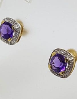 9ct Yellow Gold Amethyst and Diamond Square Cluster Studs / Earrings