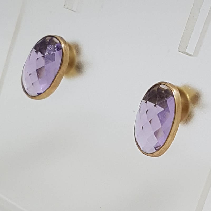 9ct Yellow Gold Amethyst Bezel Set Oval Cluster Studs / Earrings