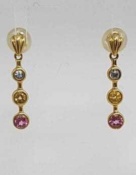 9ct Yellow Gold Blue Topaz with Citrine and Pink Tourmaline Line Drop Earrings