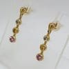 9ct Yellow Gold Blue Topaz with Citrine and Pink Tourmaline Line Drop Earrings