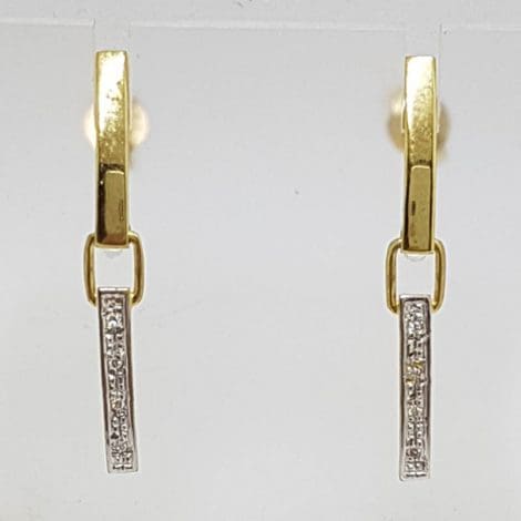 9ct Yellow Gold & White Gold Long Diamond Line Drop Studs Earrings
