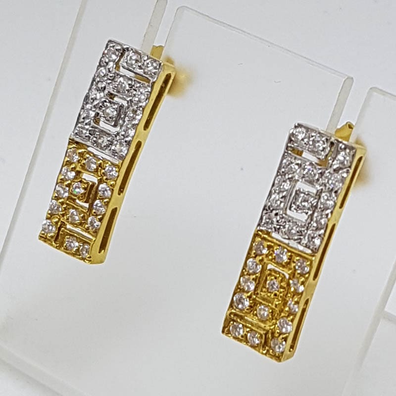 18ct Yellow Gold and White Gold - Two Tone - Greek Key Design Long Studs / Earrings