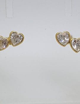 9ct Yellow Two Cubic Zirconia Hearts Studs / Earrings