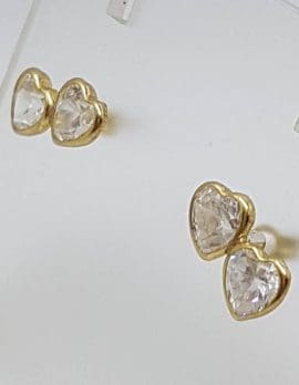 9ct Yellow Two Cubic Zirconia Hearts Studs / Earrings