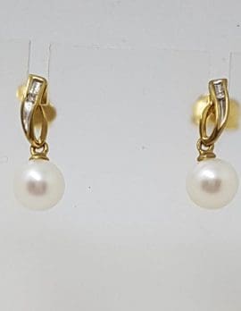 9ct Yellow Gold Pearl and Diamond Drop Twist Earrings
