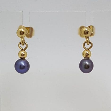 9ct Yellow Gold Round Black Pearl Short Drop Studs / Earrings