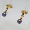 9ct Yellow Gold Round Black Pearl Short Drop Studs / Earrings