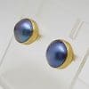 9ct Yellow Gold Round Black Mabe Pearl Bezel Set Studs / Earrings