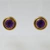 * SOLD * 9ct Yellow Gold Round Bezel Set Amethyst Studs / Earrings