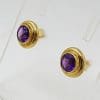 * SOLD * 9ct Yellow Gold Round Bezel Set Amethyst Studs / Earrings