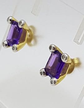 9ct Yellow Gold Amethyst and Diamond Studs / Earrings - Rectangle