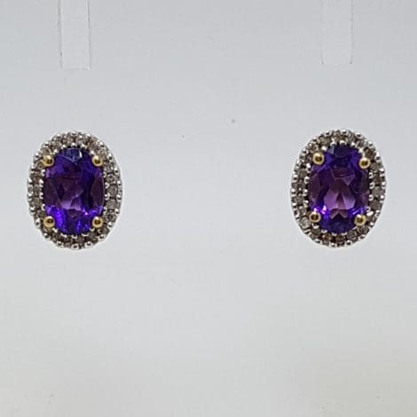 9ct Yellow Gold Amethyst and Diamond Oval Cluster Studs / Earrings