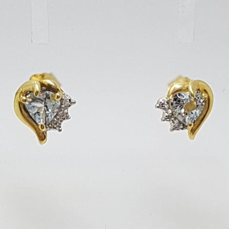9ct Yellow Gold Heart Shaped Aquamarine and Diamond Studs / Earrings