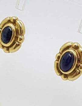 9ct Yellow Gold Cabochon Cut Sapphire Oval Studs / Earrings - Antique / Vintage