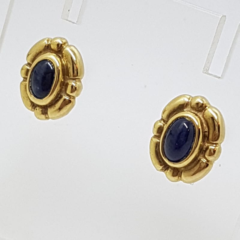 9ct Yellow Gold Cabochon Cut Sapphire Oval Studs / Earrings - Antique / Vintage