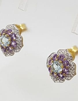 9ct Yellow Gold Amethyst, Topaz and Diamond Cluster Studs / Earrings