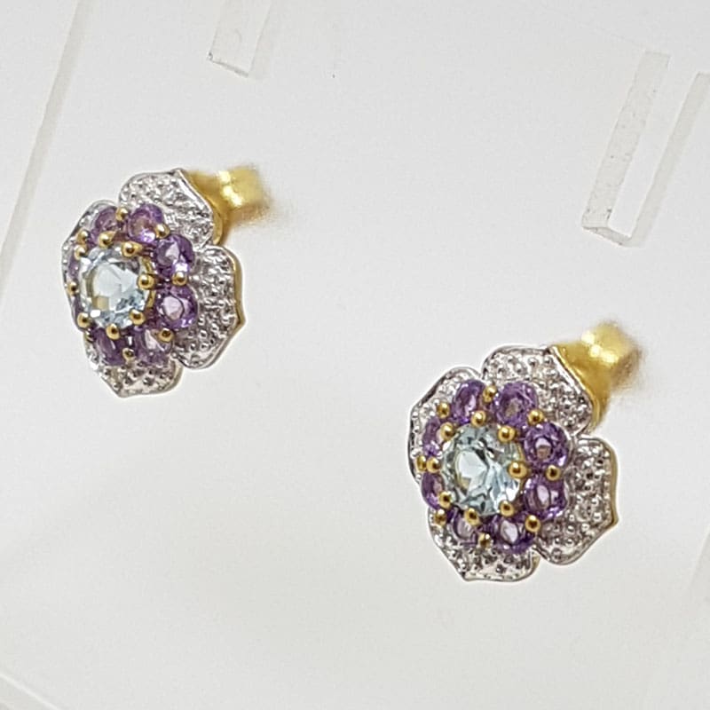9ct Yellow Gold Amethyst, Topaz and Diamond Cluster Studs / Earrings 9ct Yellow Gold Amethyst, Topaz and Diamond Cluster Studs / Earrings