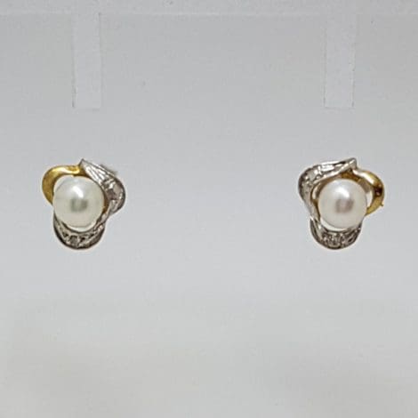 9ct Yellow & White Gold Pearl and Diamond Studs / Earrings - Small