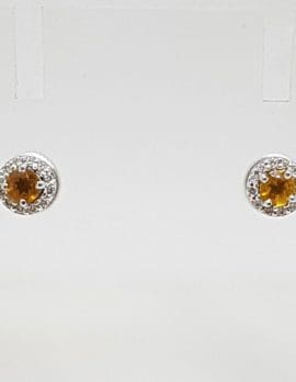 14ct White Gold Round Yellow Citrine Surrounded by Diamonds Cluster Stud Earrings