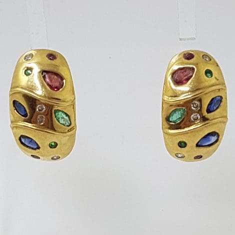 9ct Yellow Gold Ruby, Emerald, Sapphire & Diamond Studs / Earrings