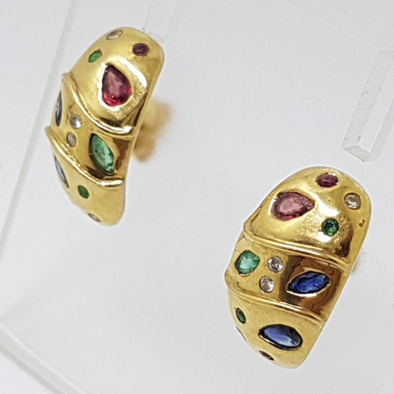 9ct Yellow Gold Ruby, Emerald, Sapphire & Diamond Studs / Earrings