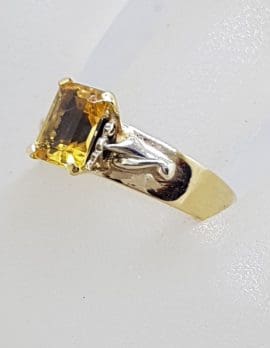 9ct Yellow Gold Rectangular Natural Citrine High Set on Wide Band Ring - Antique / Vintage