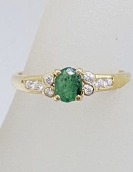 9ct Yellow Gold Oval Natural Emerald with Cubic Zirconia Ring - Vintage