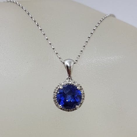 9ct White Gold Round Created Blue Sapphire surrounded by Diamonds Pendant on Gold Chain