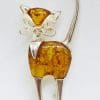 Sterling Silver Large Natural Brown Baltic Amber Cat Brooch