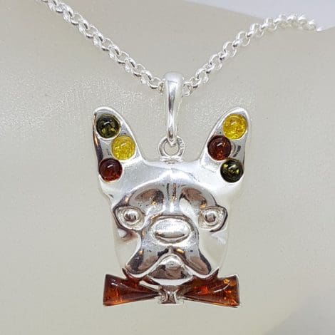 Sterling Silver Multi-Colour Natural Baltic Amber Dog Pendant on Chain - French Bull Dog