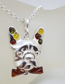 Sterling Silver Multi-Colour Natural Baltic Amber Dog Pendant on Chain - French Bull Dog