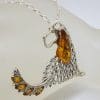 Sterling Silver Large Natural Baltic Amber Dog Pendant on Chain - Jointed - Spaniel