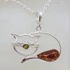 Sterling Silver Natural Baltic Amber Cat Sleeping Pendant on Silver Chain
