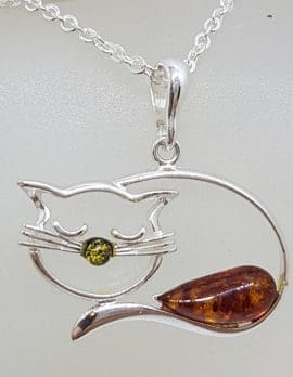 Sterling Silver Natural Baltic Amber Cat Sleeping Pendant on Silver Chain