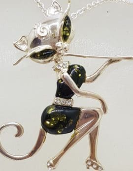 Sterling Silver Large Green Natural Baltic Amber and CZ Elegant Cat Sitting Pendant on Chain - Also Available as Brooch