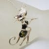 Sterling Silver Large Green Natural Baltic Amber and CZ Elegant Cat Sitting Pendant on Chain - Also Available as Brooch