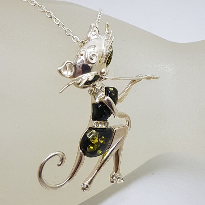 Sterling Silver Large Green Natural Baltic Amber and CZ Elegant Cat Sitting Pendant on Chain - Also Available as Brooch Sterling Silver Large Green Natural Baltic Amber and CZ Elegant Cat Sitting Pendant on Chain - Also Available as Brooch