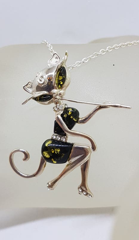 Sterling Silver Large Green Natural Baltic Amber and CZ Elegant Cat Sitting Pendant on Chain - Also Available as Brooch Sterling Silver Large Green Natural Baltic Amber and CZ Elegant Cat Sitting Pendant on Chain - Also Available as Brooch
