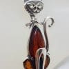 Sterling Silver Long Natural Baltic Amber and CZ Cat Pendant on Chain