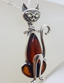 Sterling Silver Long Natural Baltic Amber and CZ Cat Pendant on Chain