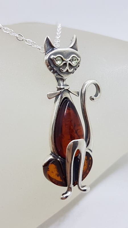 Sterling Silver Long Natural Baltic Amber and CZ Cat Pendant on Chain