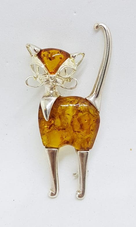 Sterling Silver Large Natural Brown Baltic Amber Cat Brooch
