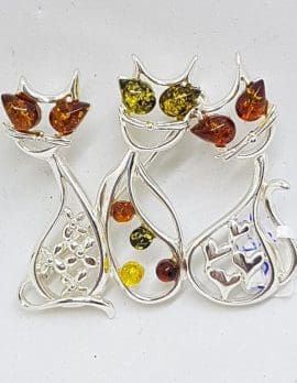 Sterling Silver Multi-Coloured Amber Three Cats Sitting Brooch