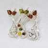 Sterling Silver Multi-Coloured Amber Three Cats Sitting Brooch